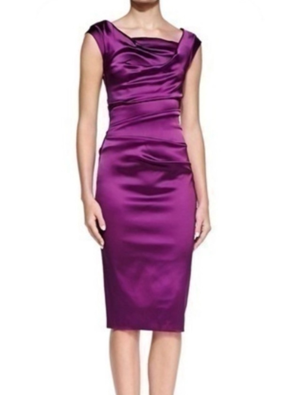 Talbot Runhof Boat Neck Purple Satin Sheath Dress 6